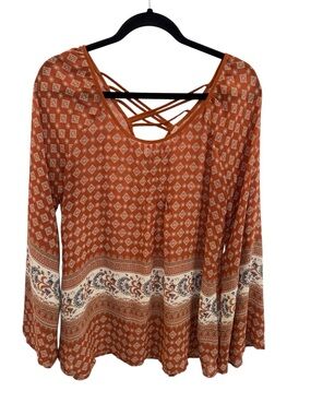 Blu Pepper Rust Printed Long-Sleeve Top with Crisscross Back